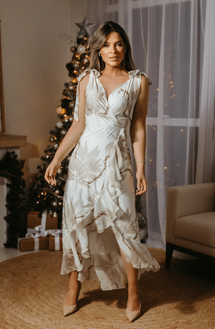 Vestido transpassado com alça em chiffom no ombro estampa