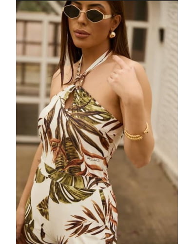 Macacão em fluity frente única com jóia