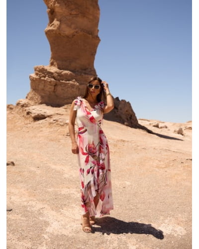 Vestido em fluity com babados e tiras em chiffon