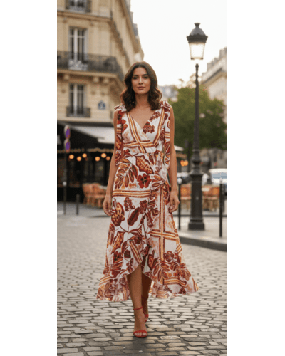 Vestido estampado em fluity com chiffon midi